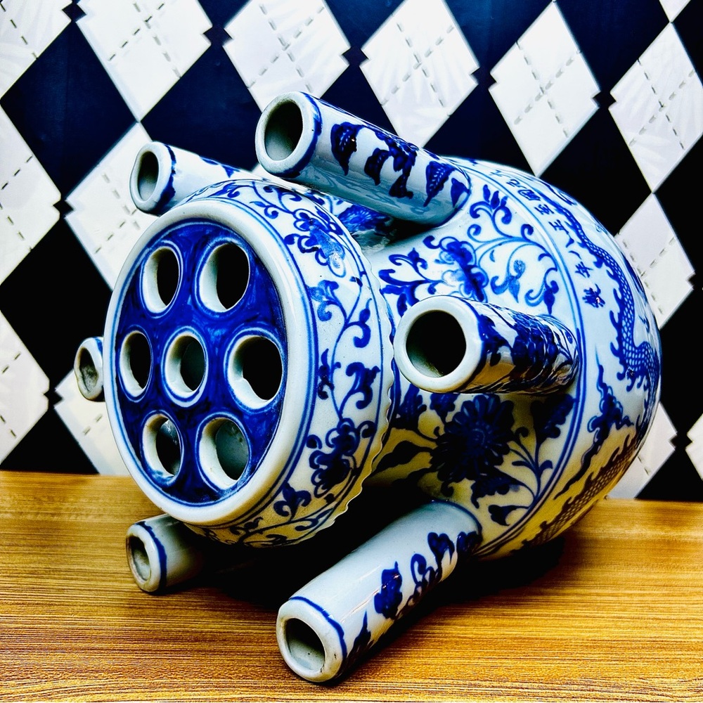 Grand Tulipière 15” Blue & White Chinoiserie Dragon Vase Porcelain Multi-Spout - Picture 4 of 17